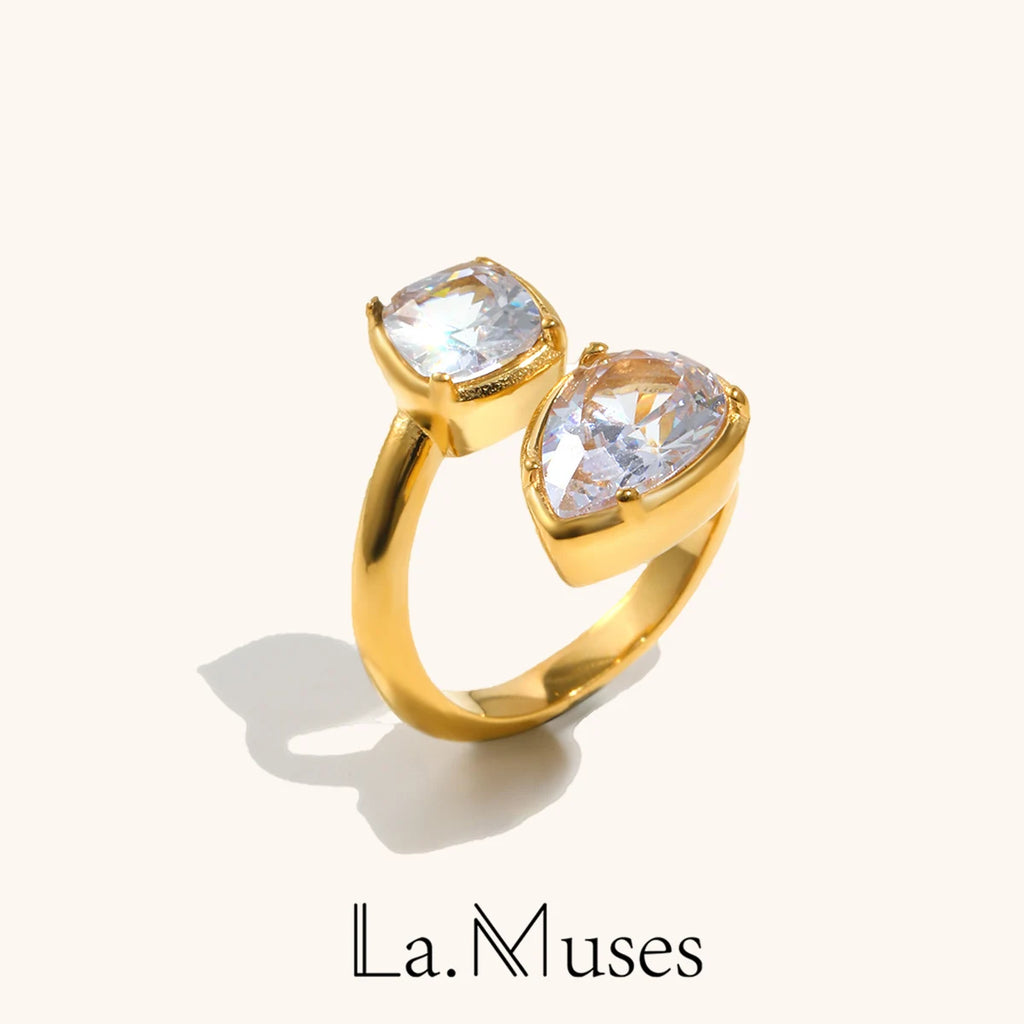 La. Muses Geometric Water Drop Zircon Stainless Steel Women's Open Ring PVD Gold Plated Fashion Jewelry Accessories