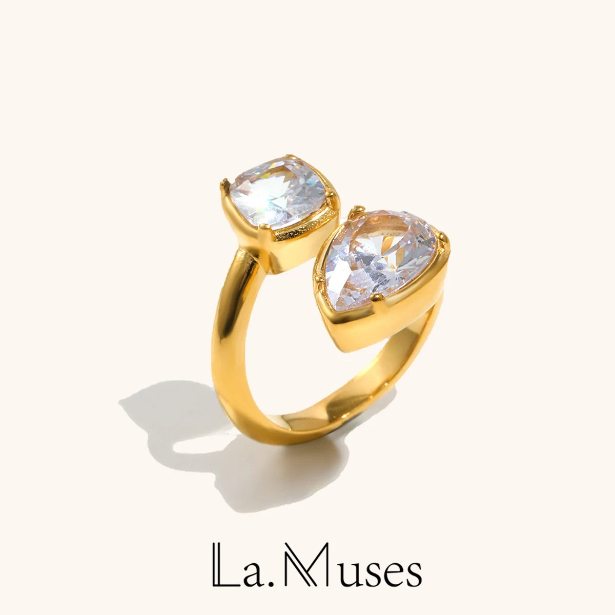 La. Muses Geometric Water Drop Zircon Stainless Steel Women's Open Ring PVD Gold Plated Fashion Jewelry Accessories