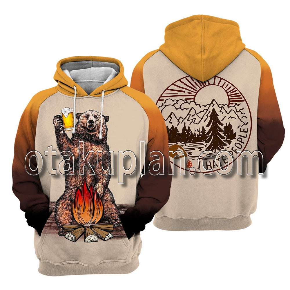 I Hate People Camping Bear Beer 3D All Over Printed T-Shirt / Hoodie