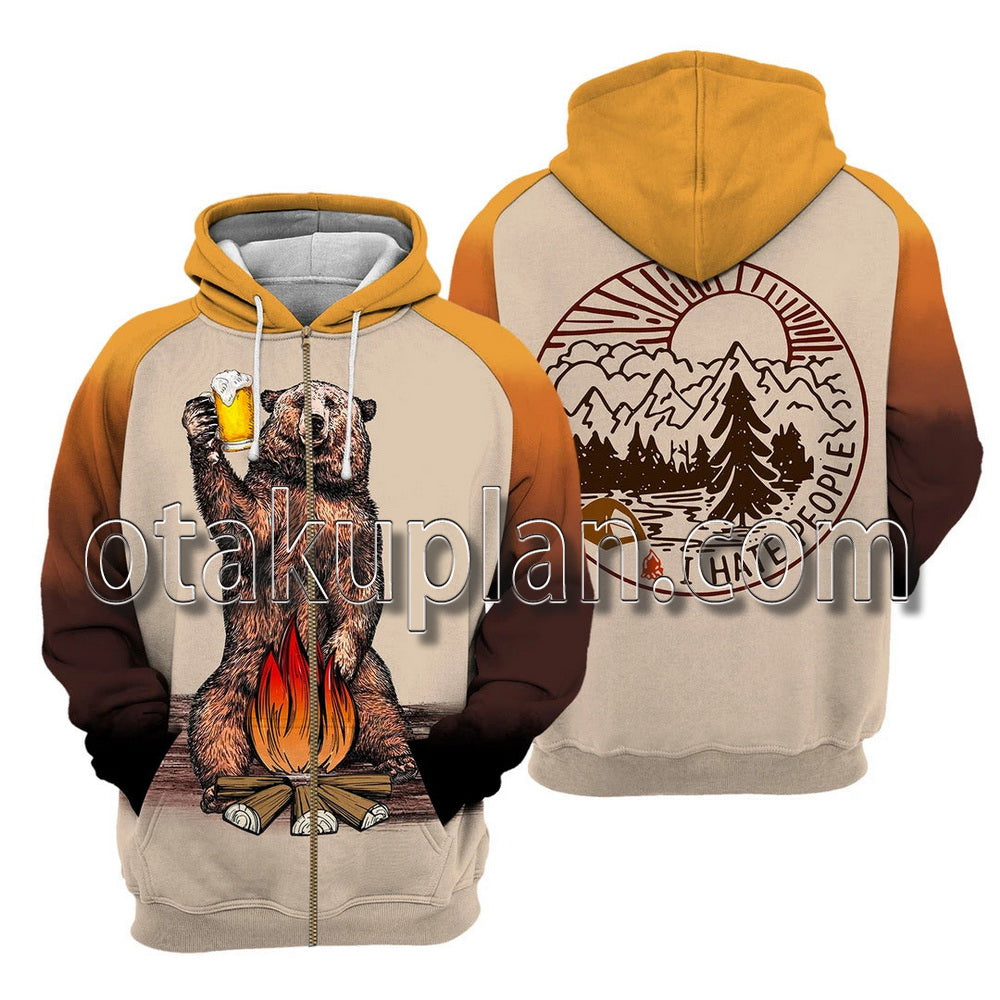 I Hate People Camping Bear Beer 3D All Over Printed T-Shirt / Hoodie